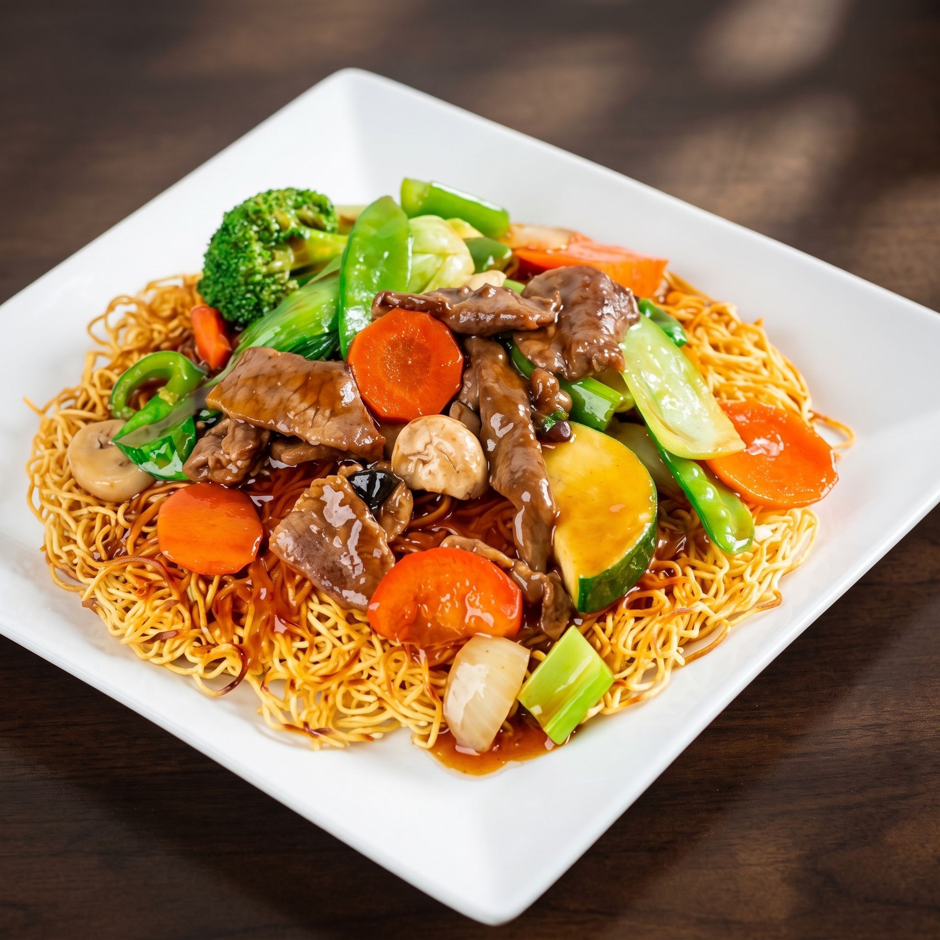 Plated stir-fried noodles with beef, broccoli, carrots, and snap peas on a white plate
