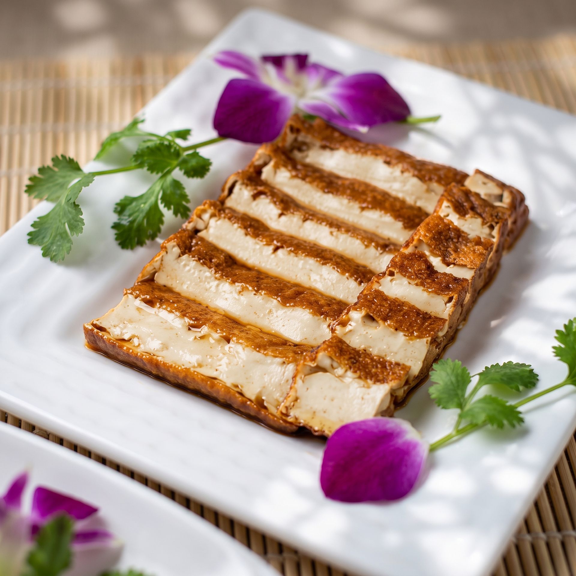 Grilled tofu slices on a white plate with cilantro and purple orchid flowers