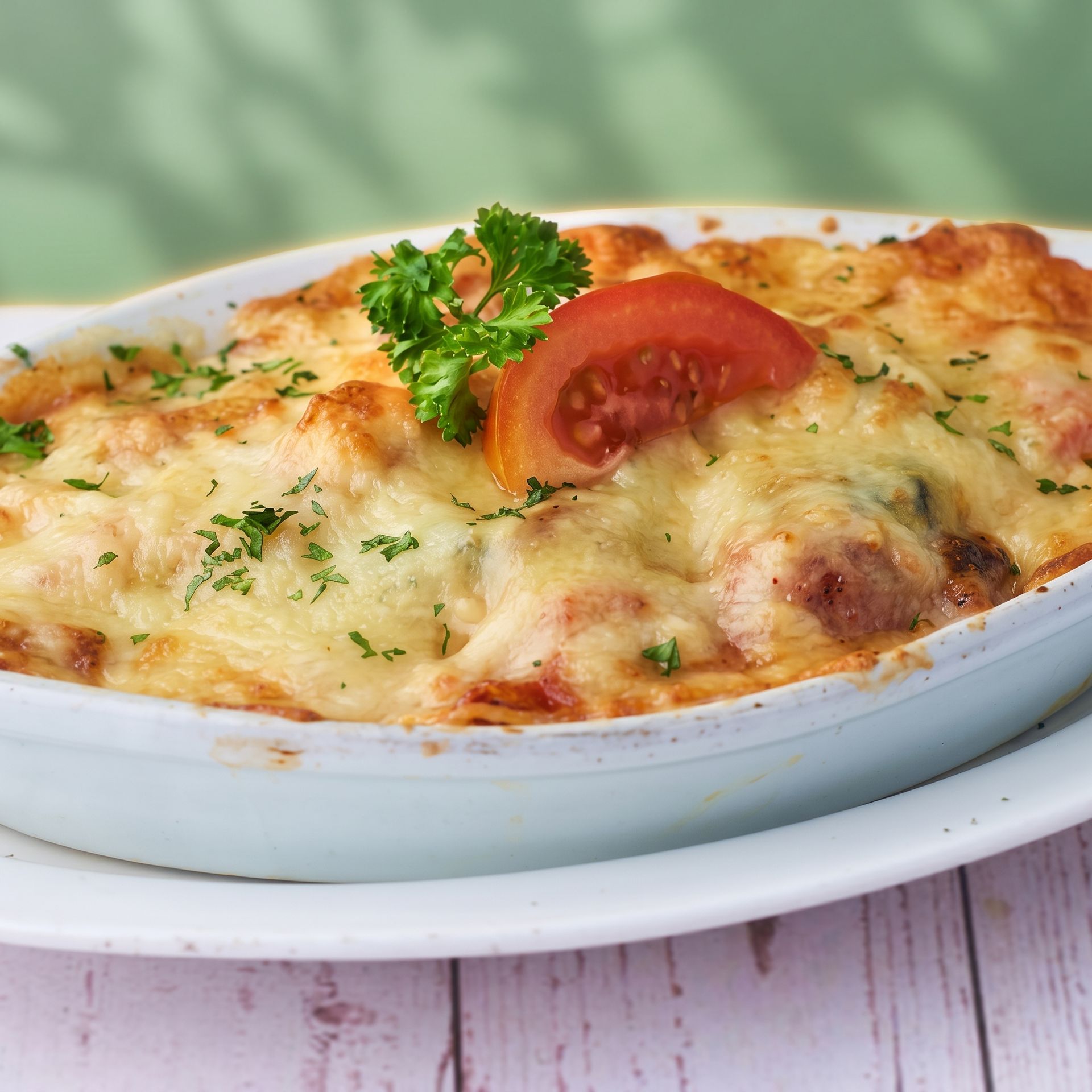Baked cheesy casserole garnished with parsley and tomato in a white oval dish
