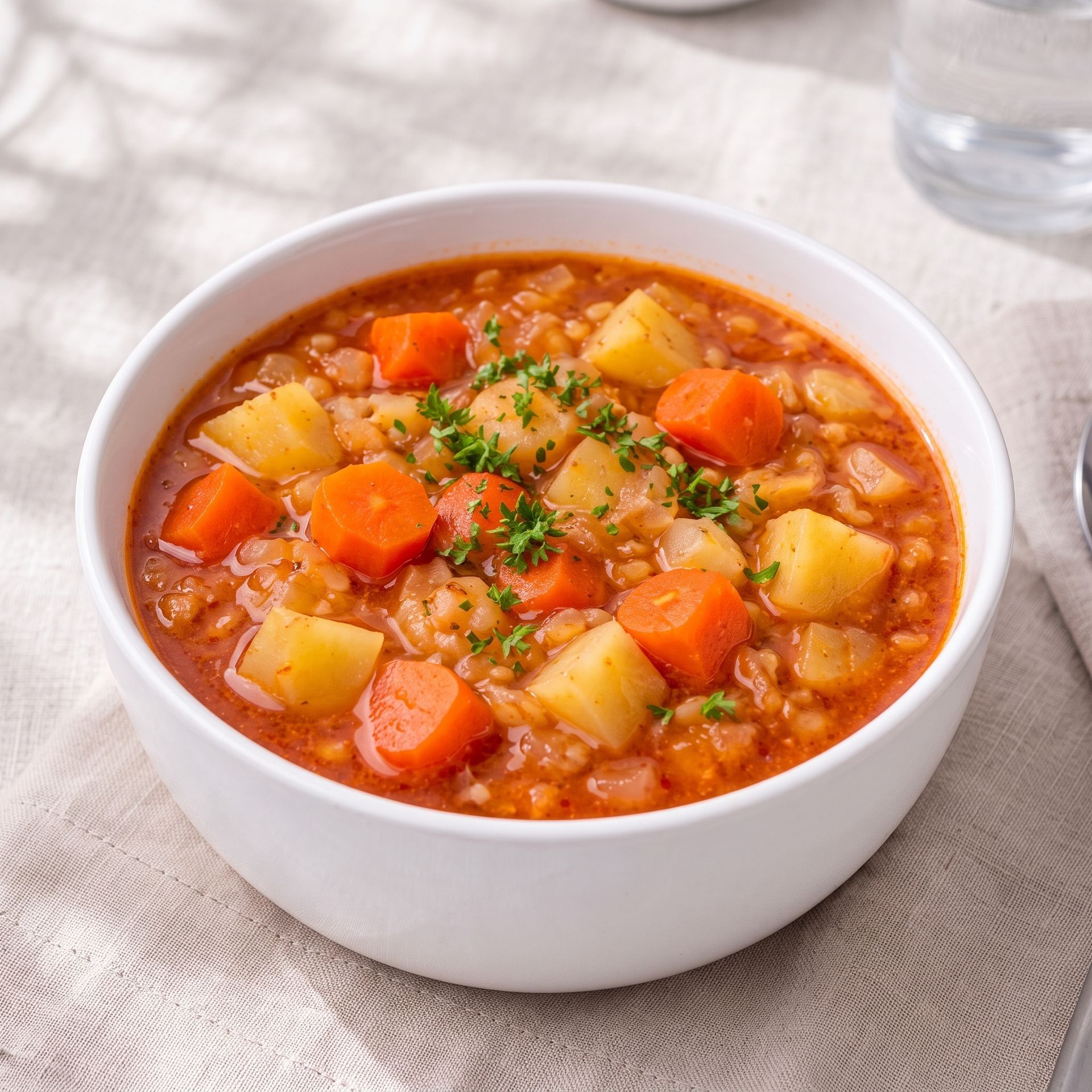 Bowl of vegetable soup with carrots and potatoes, garnished with herbs on a light tablecloth