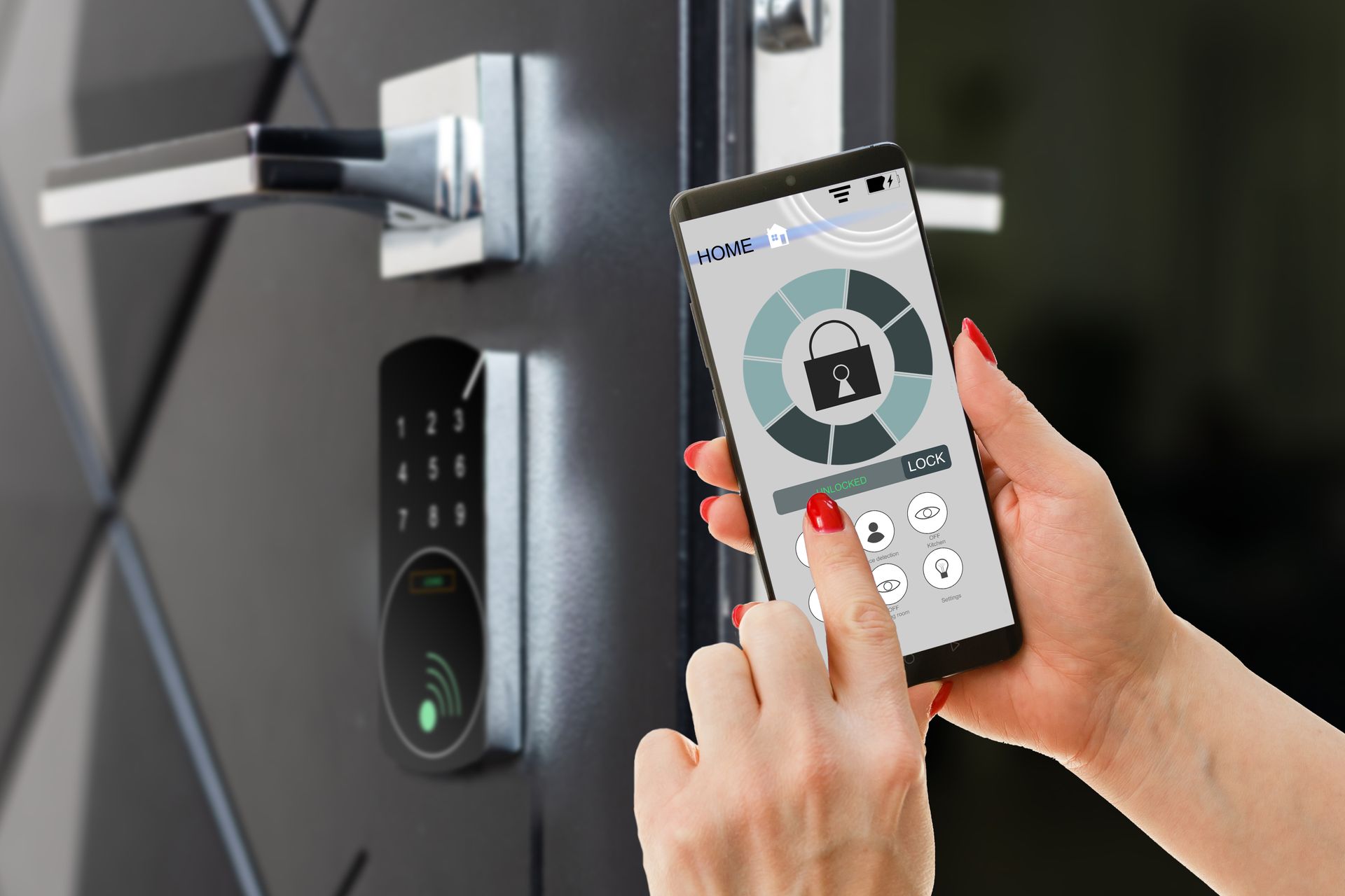 Person using a smartphone to unlock a smart door lock on a front door