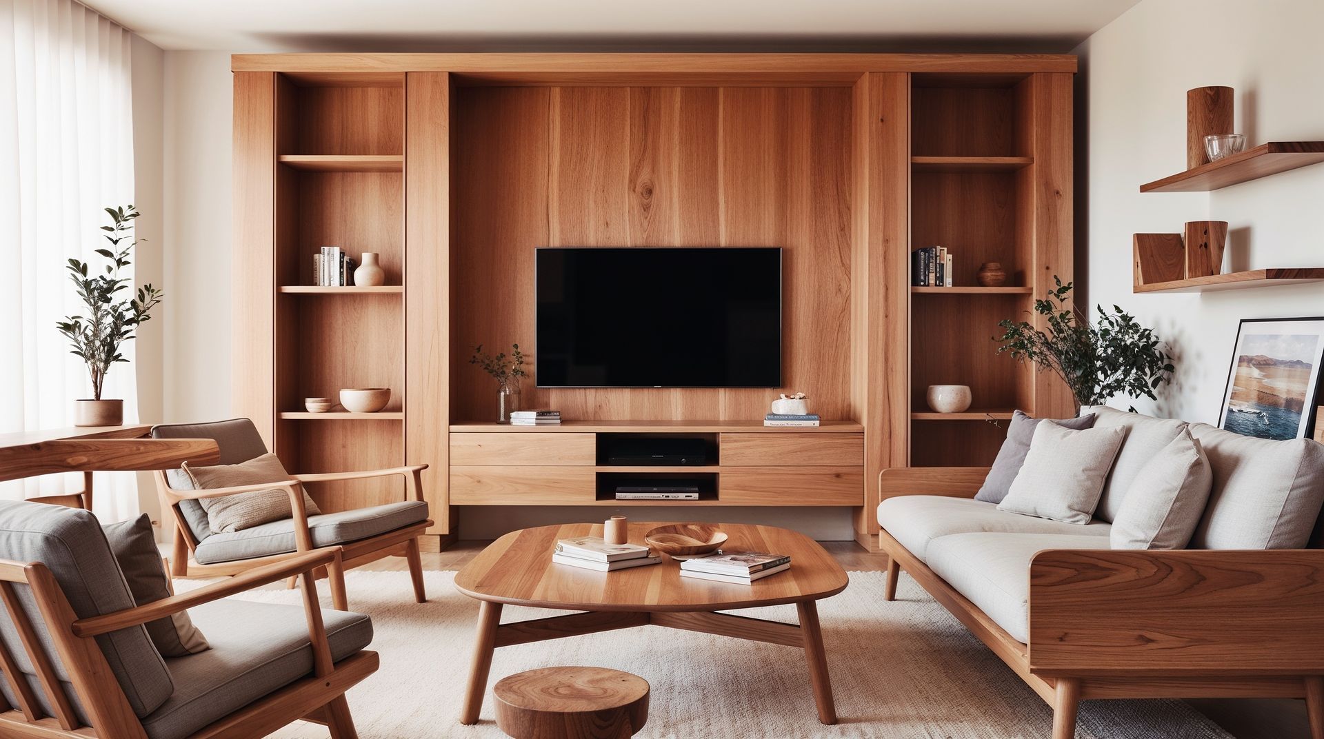 Modern living room with wooden built-ins, TV, and beige sofas around a coffee table