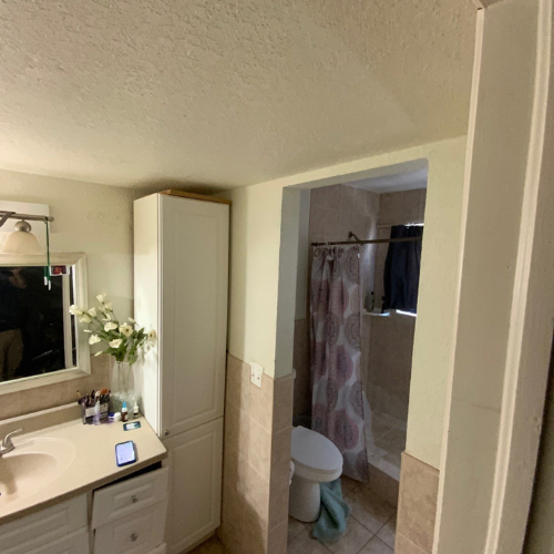 Bathroom with a shower, toilet, sink, and tall storage cabinet.