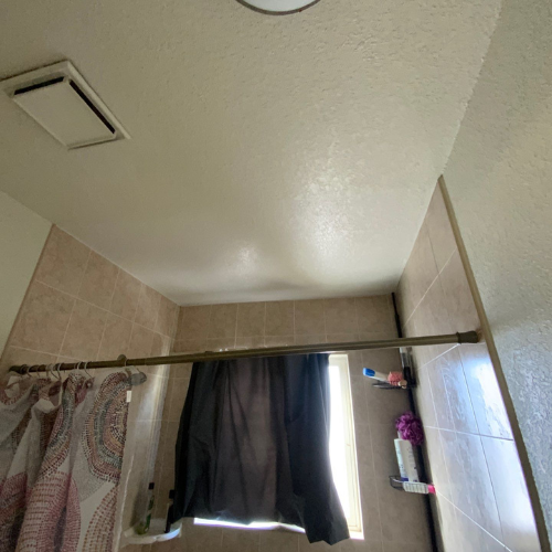 Bathroom with beige tile walls, shower curtain, window, and gold shower rod.