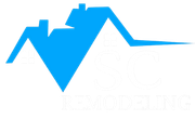 Blue stylized house icon with white text underneath.
