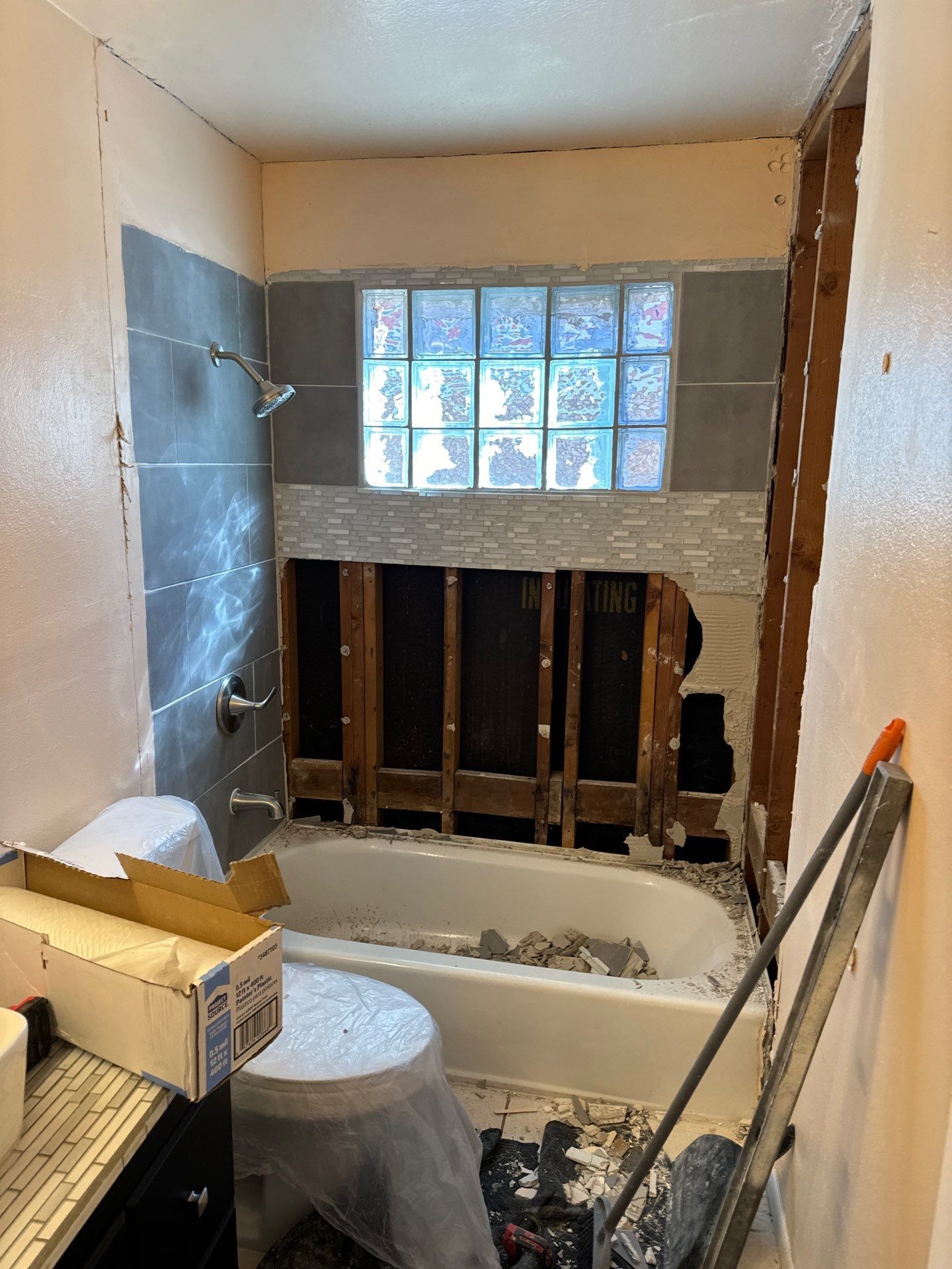 Bathroom remodel in progress; exposed studs, tile, and partially installed tub, toilet, and shower fixtures.