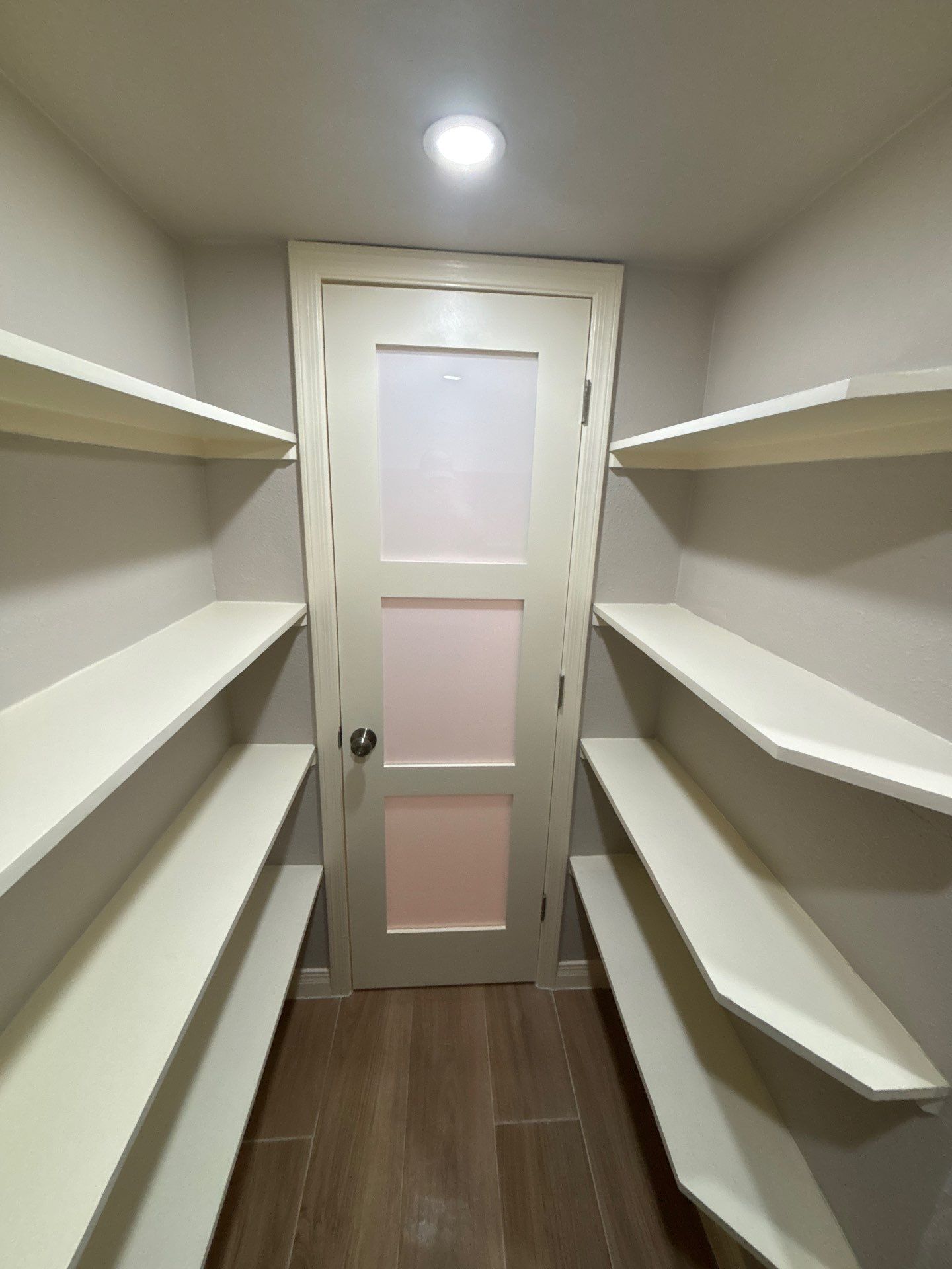 Narrow walk-in closet with white shelves on both sides and a frosted glass door at the end.