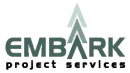 A logo for embark project services with an arrow pointing up.