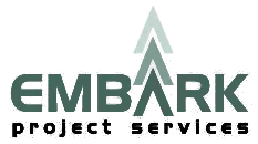 A logo for embark project services with an arrow pointing up.
