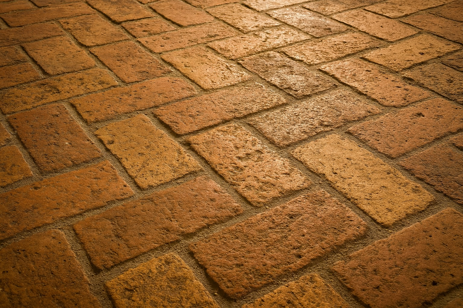 Un vialetto in mattoni marroni dalla texture particolare, disposti a spina di pesce, illuminato da una luce calda e direzionale.