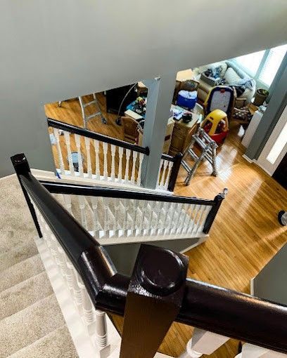 A view of a house from the top of a staircase.