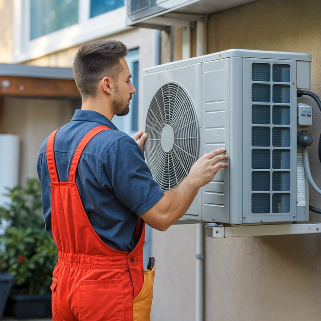 Technician in red overalls inspecting an outdoor air conditioner unit on a wall