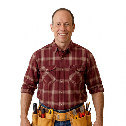 Smiling man in a red plaid shirt and tool belt, standing against a white background.
