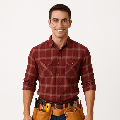 Smiling man in a red plaid shirt and tool belt, standing against a white background