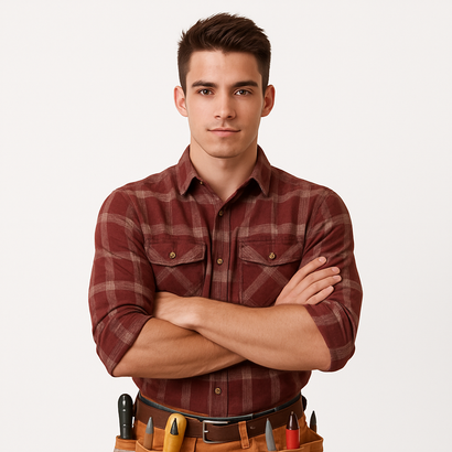Man in red plaid shirt with folded arms, wearing a tool belt against a white background