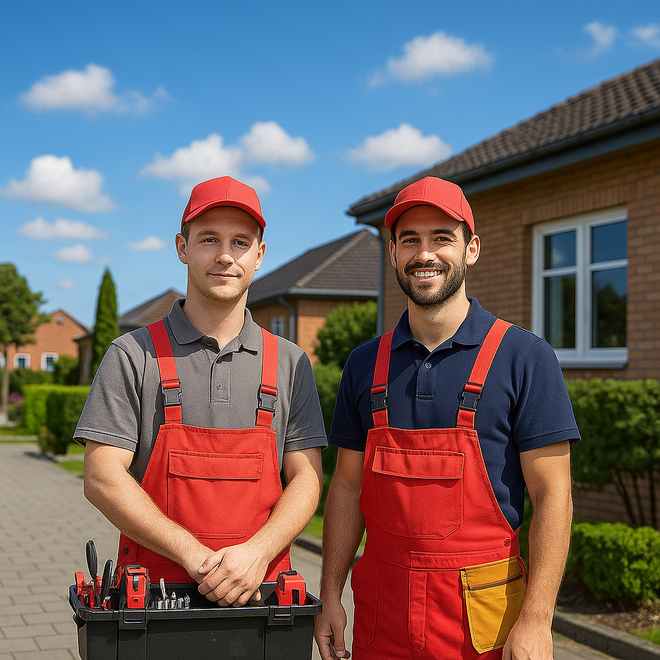 Two workers in red overalls and caps standing outdoors beside a toolbox in front of a house