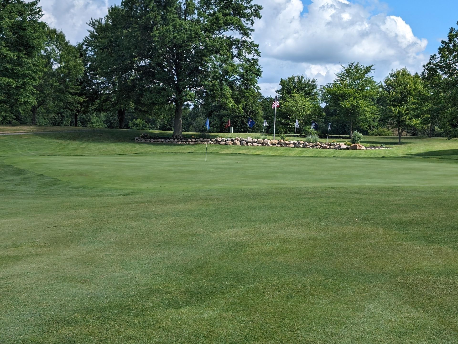Green golf course with trees and flags in the distance, blue sky with clouds.