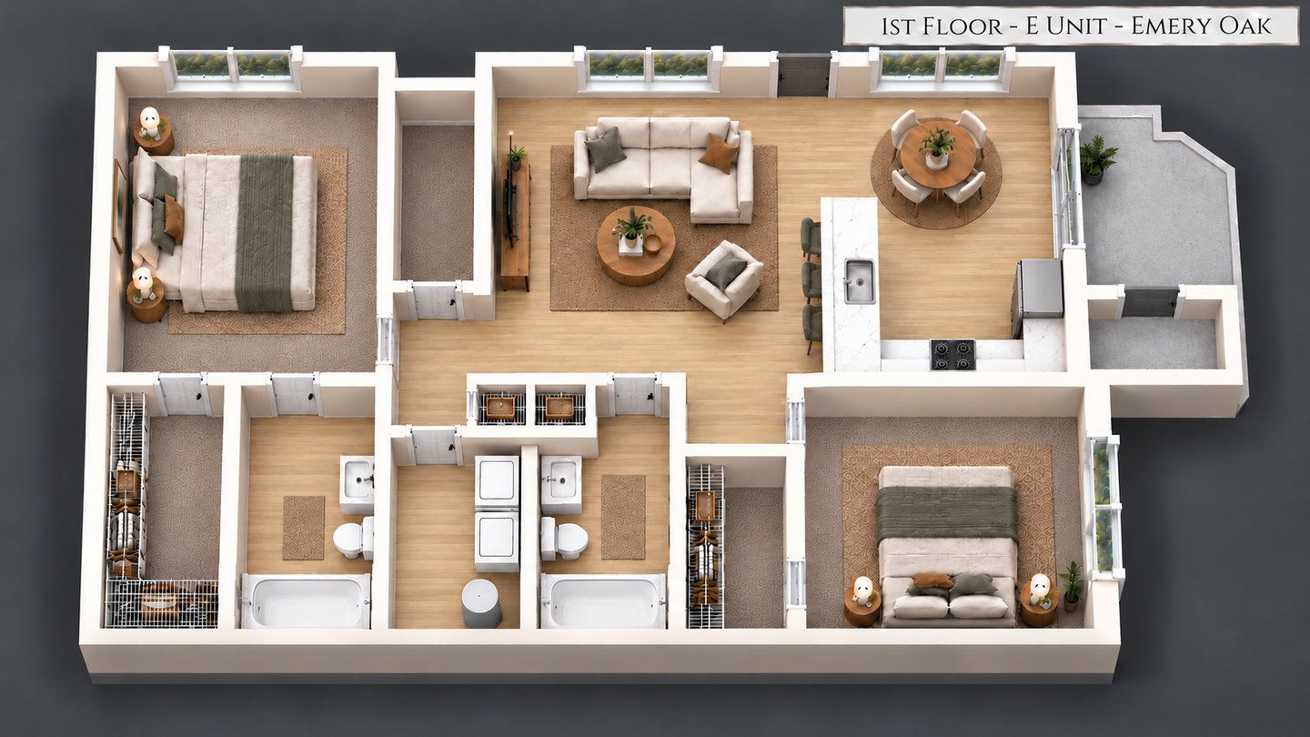 1st Floor E Unit Floor plan,  Emery Oak