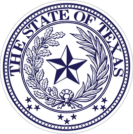 Seal of the State of Texas with a blue five-point star, wreath, and “THE STATE OF TEXAS” text.