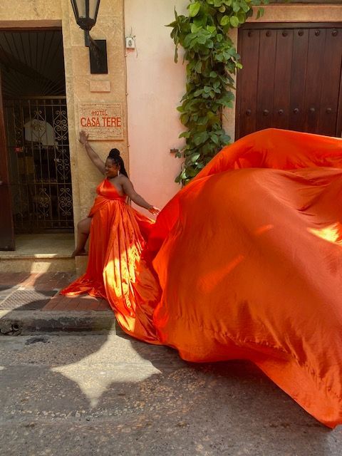 Flying dress pictures on the streets of Getsemani in Cartagena