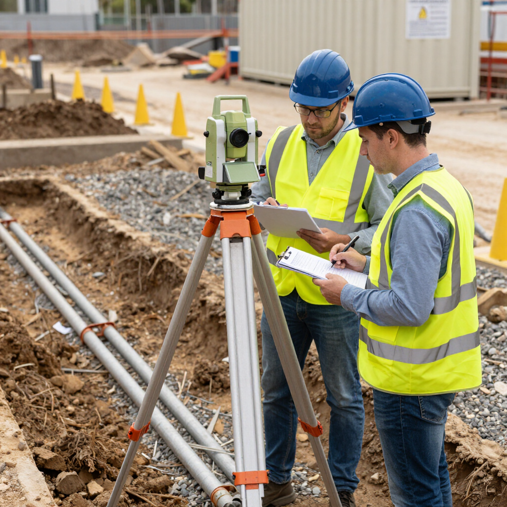 Dos obreros de la construcción, con cascos y chalecos de seguridad, revisan los planos junto a un instrumento de topografía