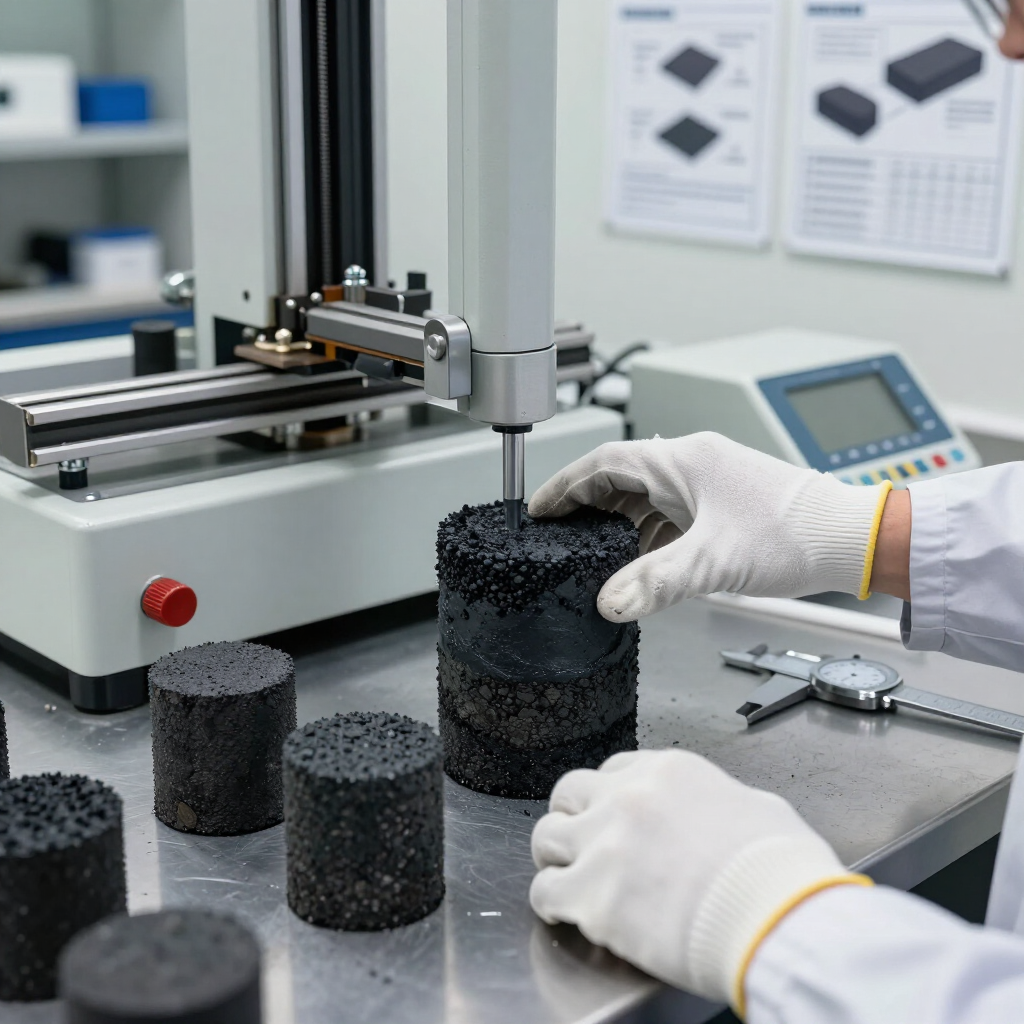 Manos enguantadas probando cilindros de espuma negra en una máquina de laboratorio en un laboratorio de materiales limpios.