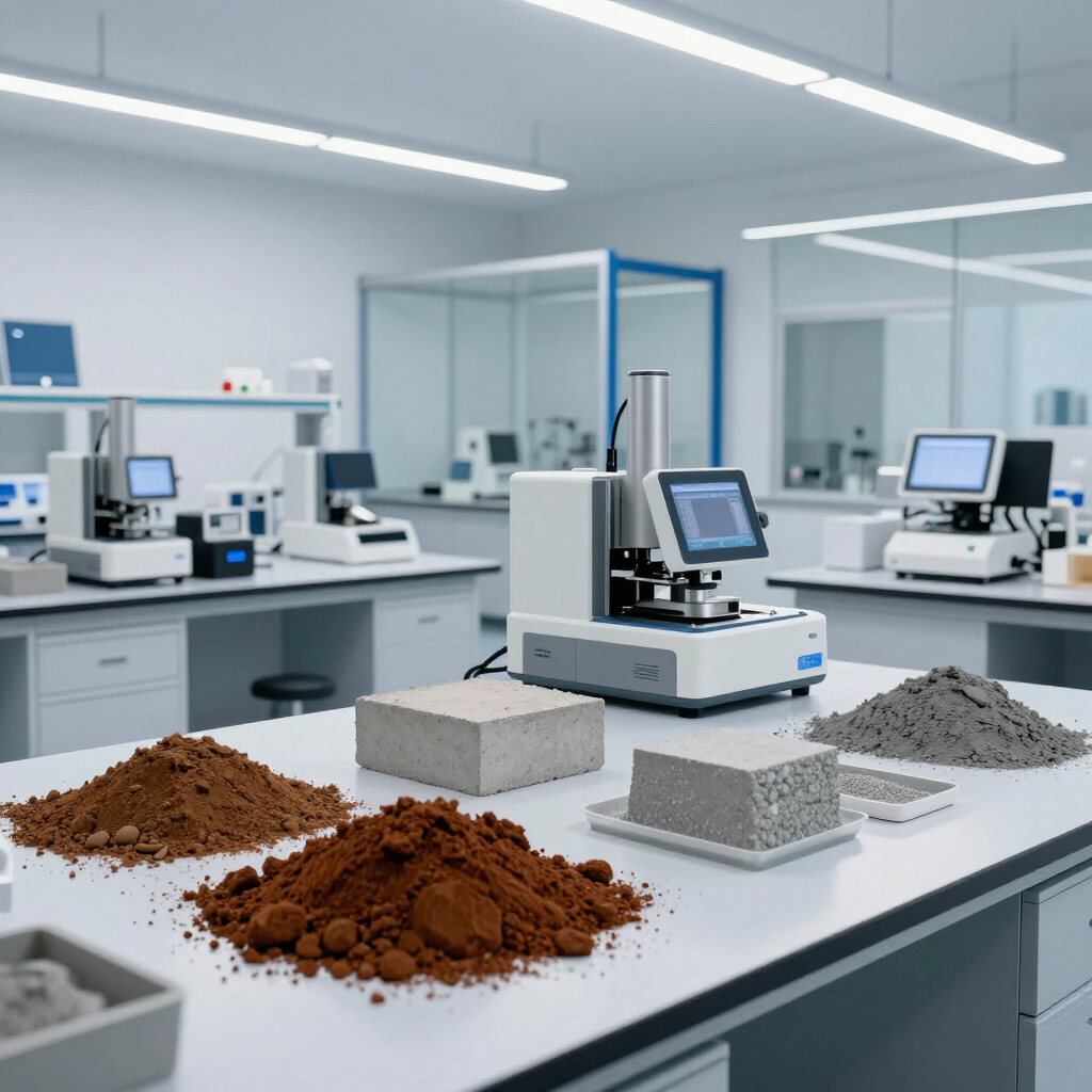 Sala de pruebas de laboratorio con muestras de tierra y grava sobre una mesa e instrumentos al fondo.