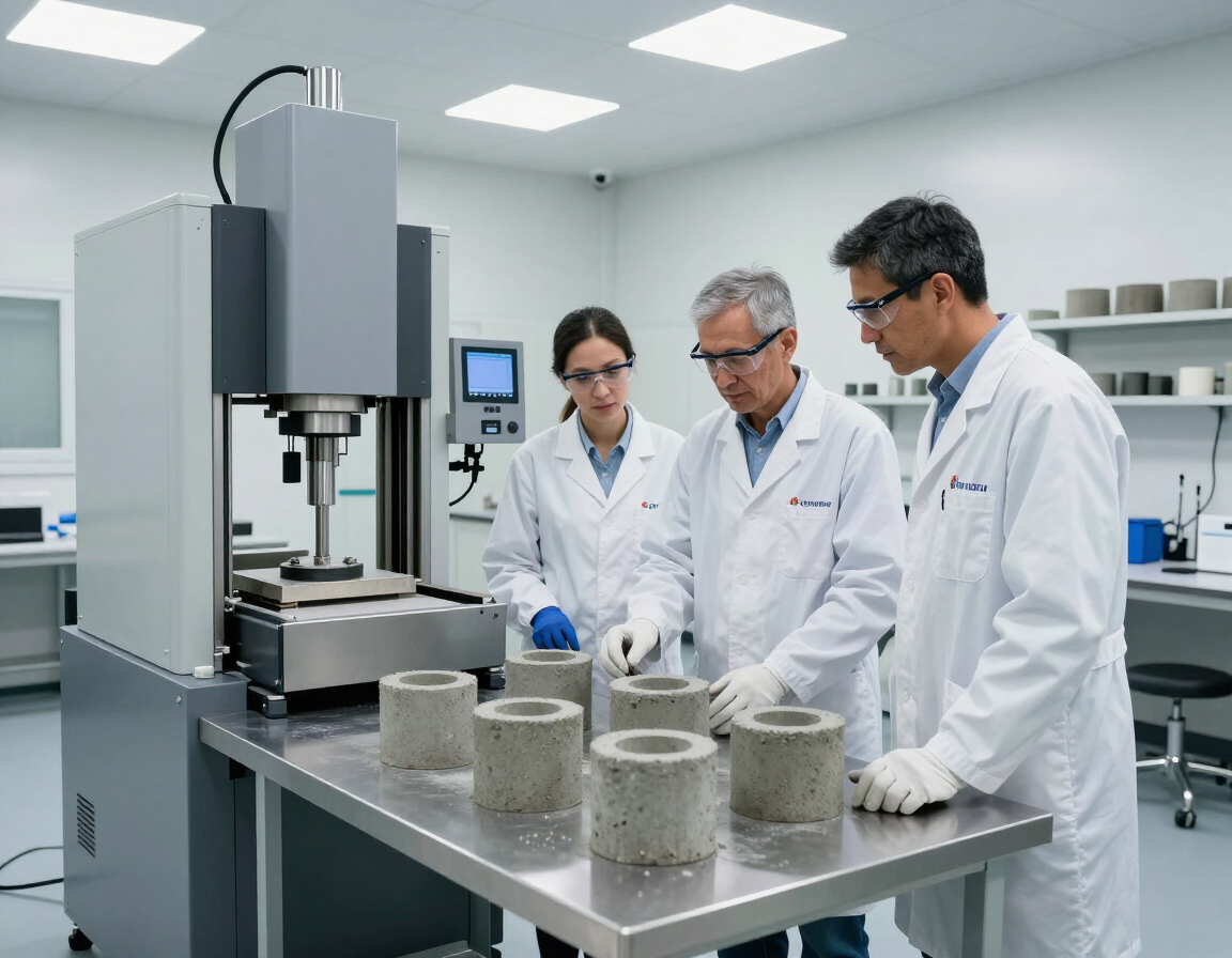 Tres técnicos de laboratorio con batas blancas inspeccionan muestras de hormigón junto a una máquina de ensayo.