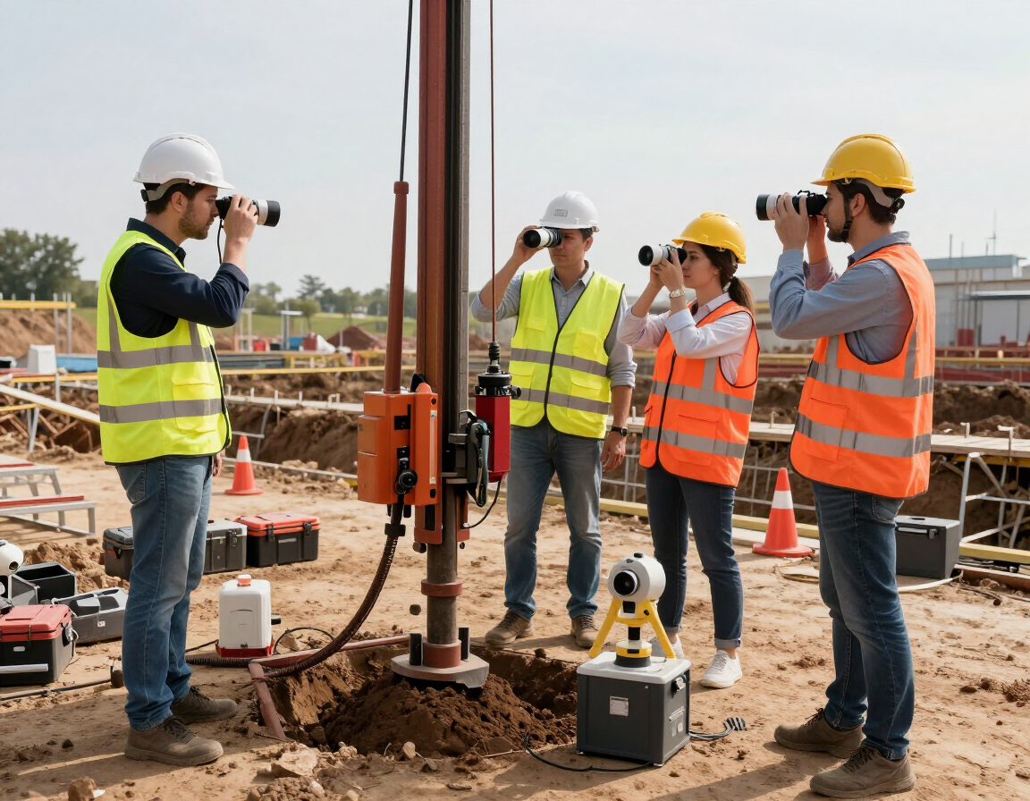 Obreros de la construcción con cascos y chalecos de seguridad inspeccionando un sitio de perforación con equipo.