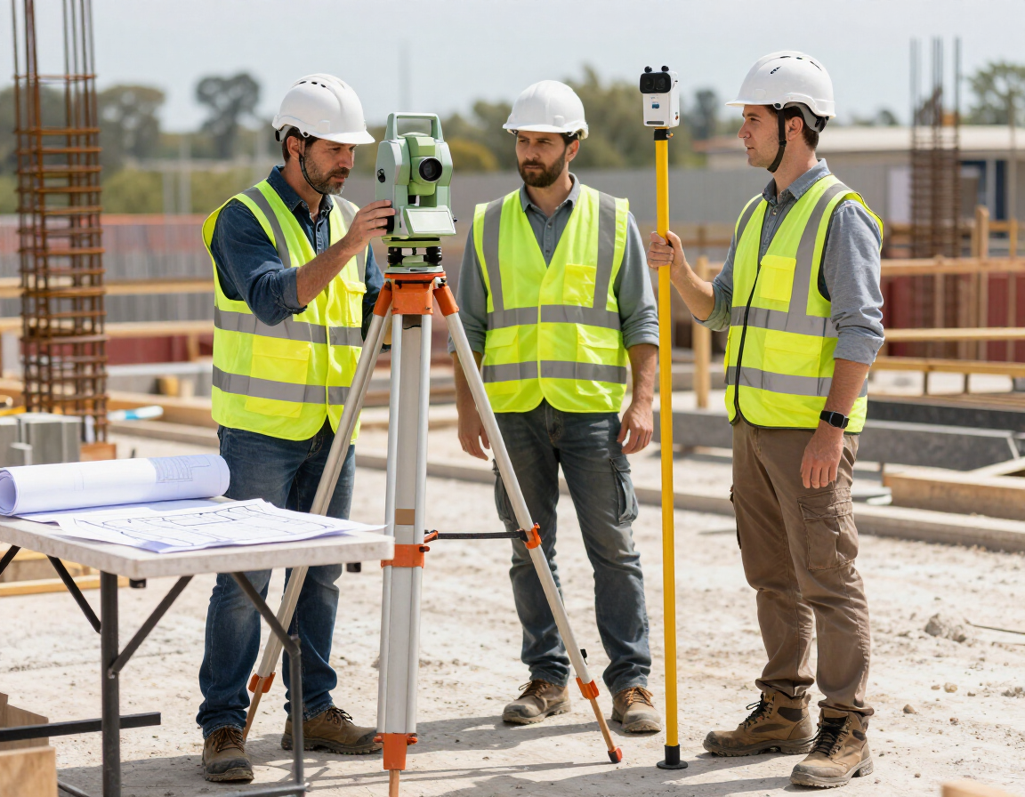 Tres obreros de la construcción con cascos revisan el equipo de topografía en una obra.