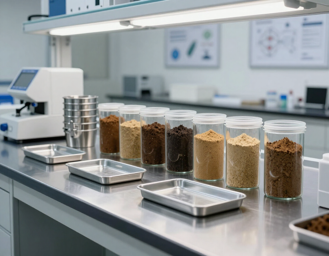 Encimera de laboratorio con frascos de muestras de grano junto a bandejas metálicas y equipos de prueba.