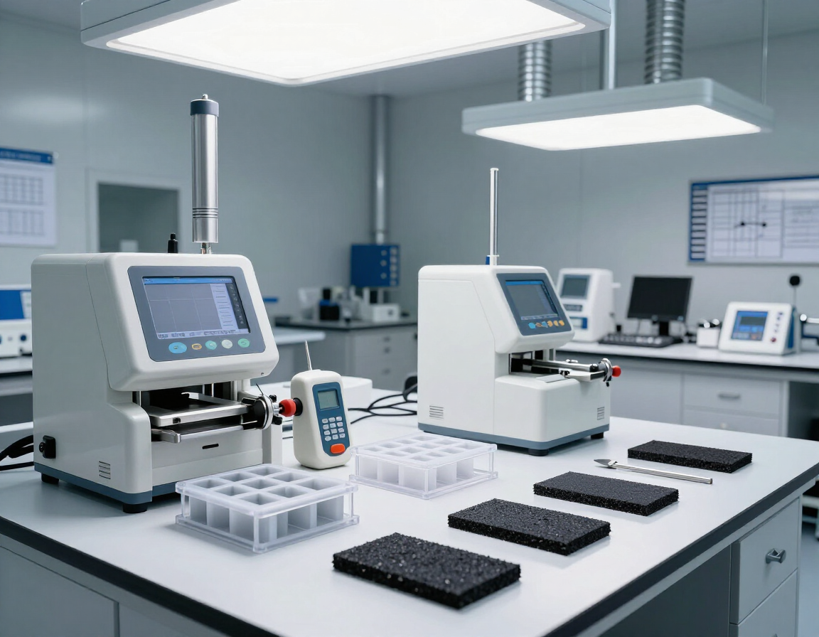 Laboratorio moderno con analizadores, pipetas, bandejas y monitores de ordenador sobre una mesa de trabajo limpia.