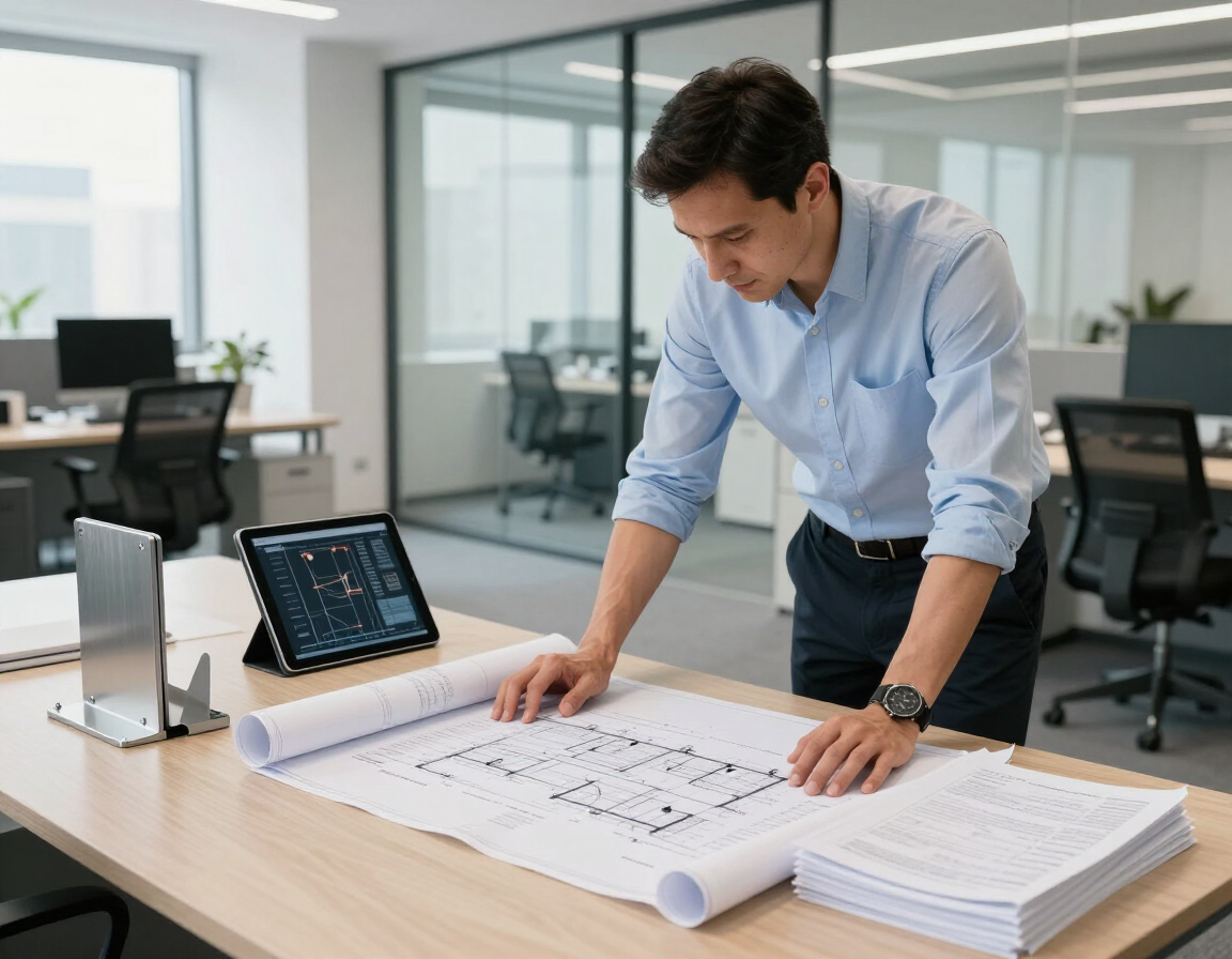 Un hombre revisa planos arquitectónicos en un escritorio de una oficina moderna, con una tableta cerca.