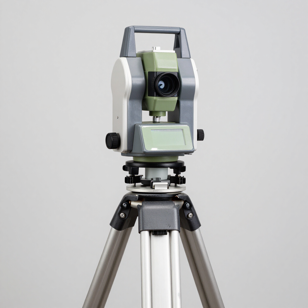 Instrumento de topografía verde y gris sobre un trípode contra un fondo blanco liso.