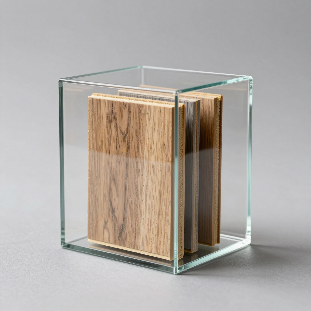 Cubo de cristal que muestra paneles de madera con forma de libro sobre un fondo gris.