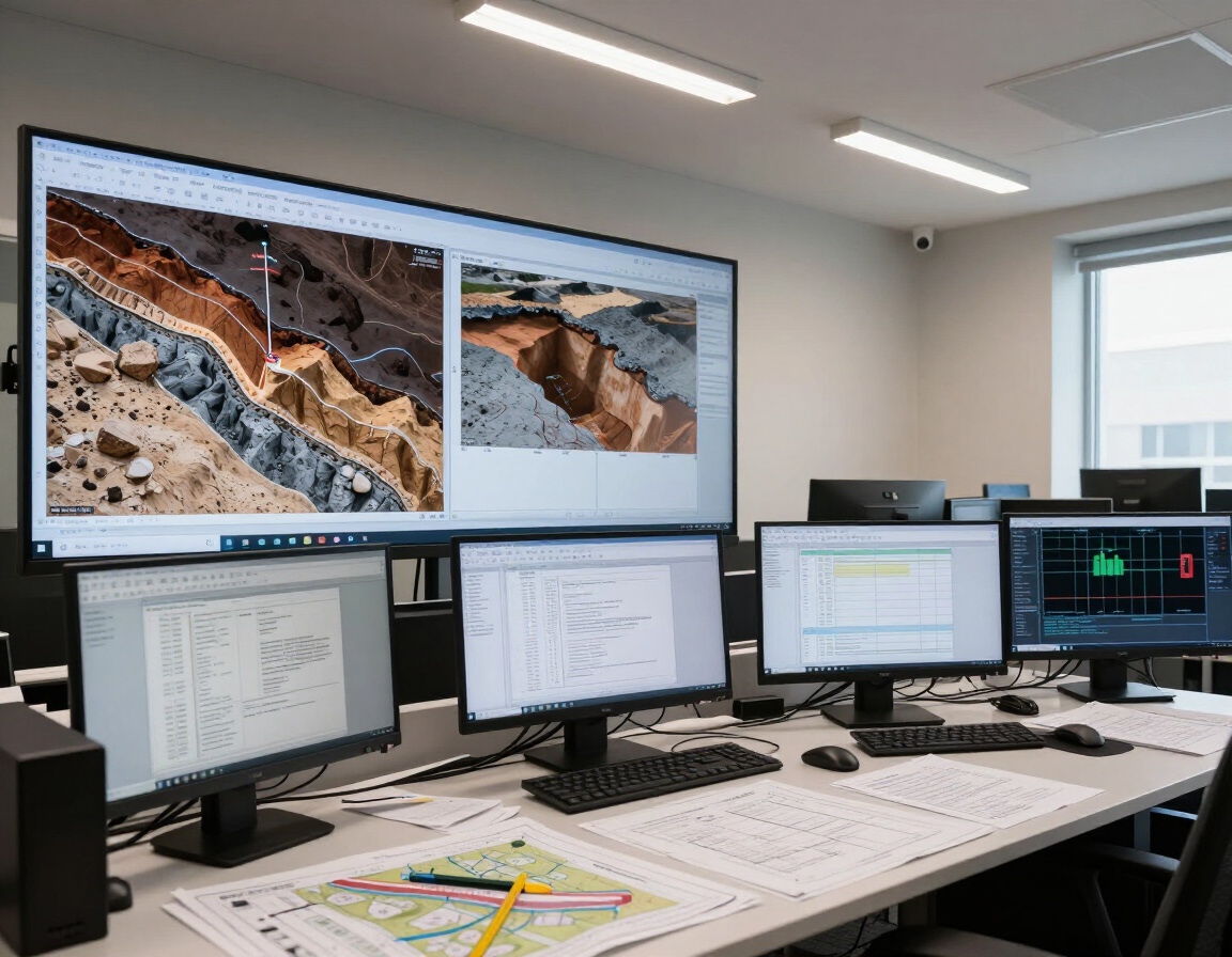 Sala de control con múltiples monitores que muestran mapas y datos sobre un escritorio en una oficina luminosa.