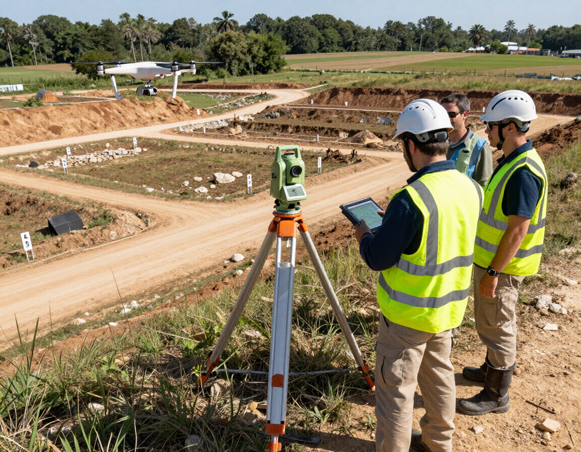 Topógrafos con chalecos de seguridad inspeccionan el terreno con un trípode en una obra de construcción.