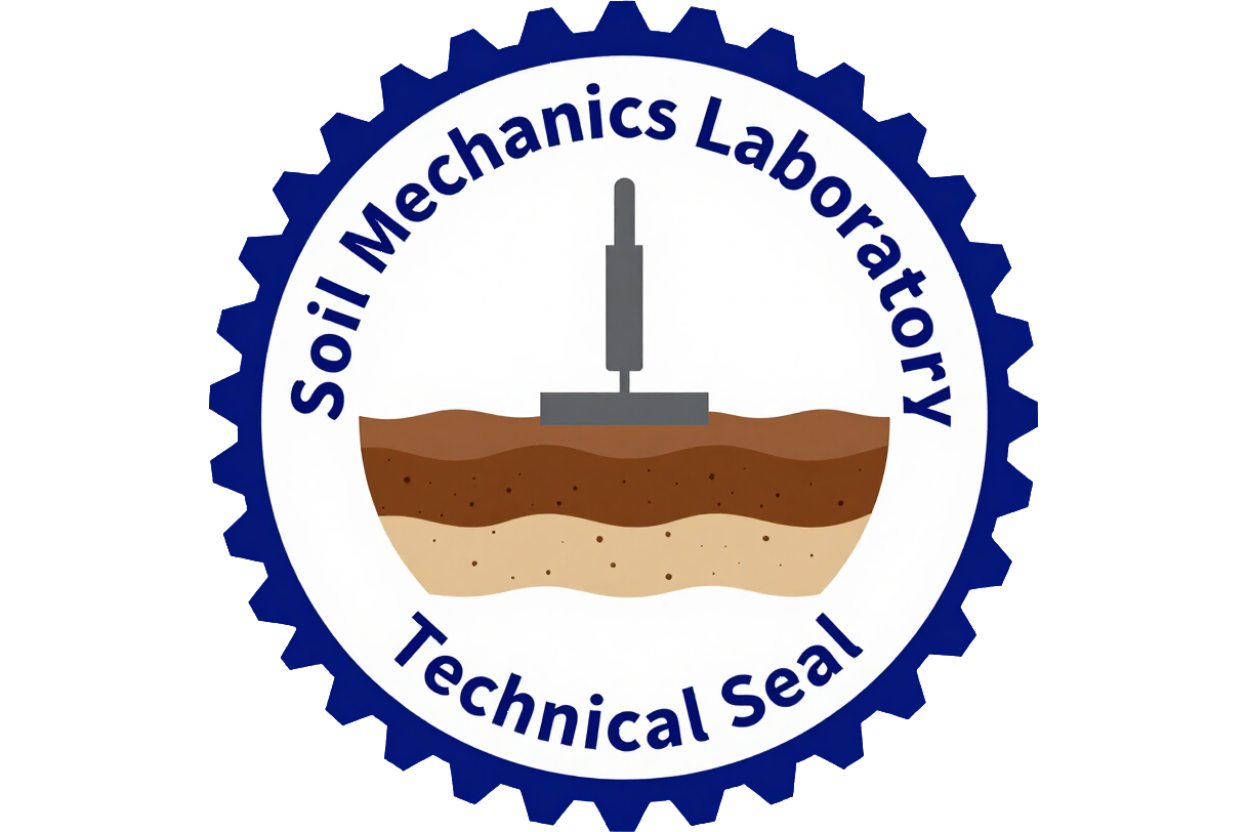 Sello técnico del Laboratorio de Mecánica de Suelos con borde de engranaje azul y gráfico de suelo estratificado