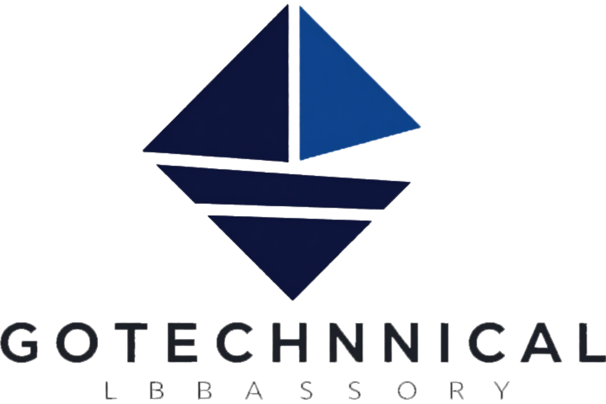 Logotipo geométrico azul de un velero sobre las palabras “GOTECHNICAL LABBASSORY”.