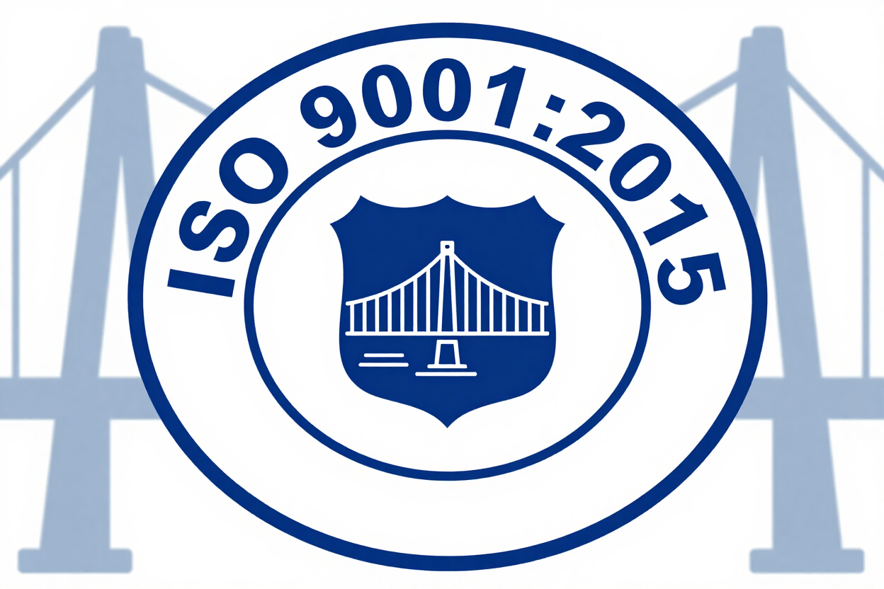 Logotipo de certificación ISO 9001:2015 en azul con un emblema de puente y fondo de puente gris claro.