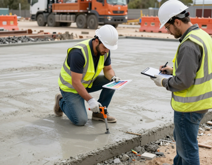 Obreros de la construcción con cascos inspeccionando y marcando hormigón fresco en una obra.