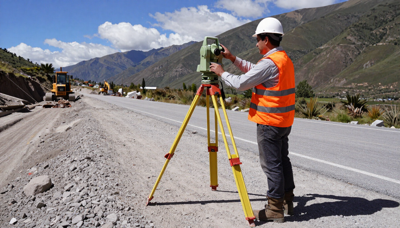 Topógrafo con chaleco naranja usando equipo de trípode junto a una carretera de montaña bajo un cielo azul.