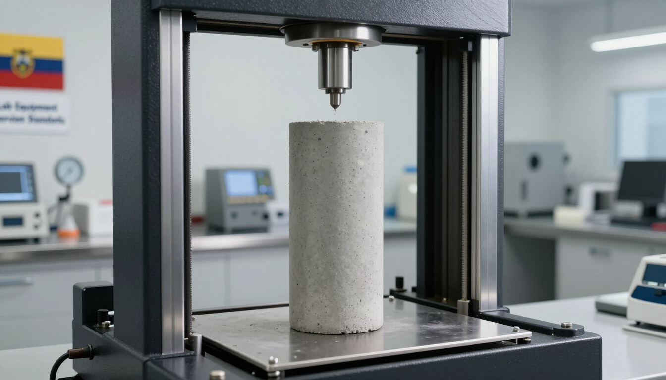 Máquina de ensayo de compresión que presiona un cilindro de hormigón en un laboratorio, con el equipo al fondo.