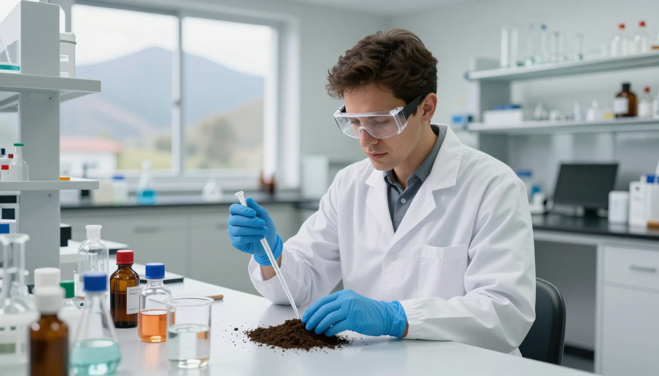 Científico con bata blanca y guantes azules manipulando muestras de suelo en un laboratorio bien iluminado.