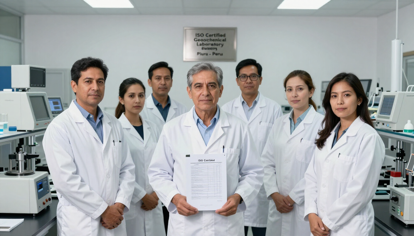Equipo médico con batas blancas posando en un laboratorio luminoso; uno de ellos sostiene un documento.