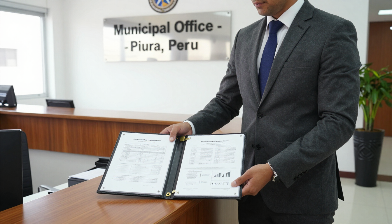 Hombre con traje gris presentando documentos firmados en la Oficina Municipal, Piura, Perú.