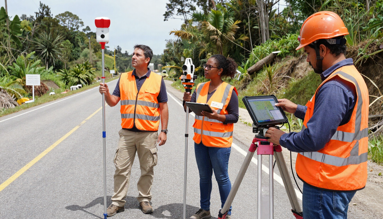 Tres topógrafos con chalecos naranjas miden el arcén de una carretera con equipos de topografía.