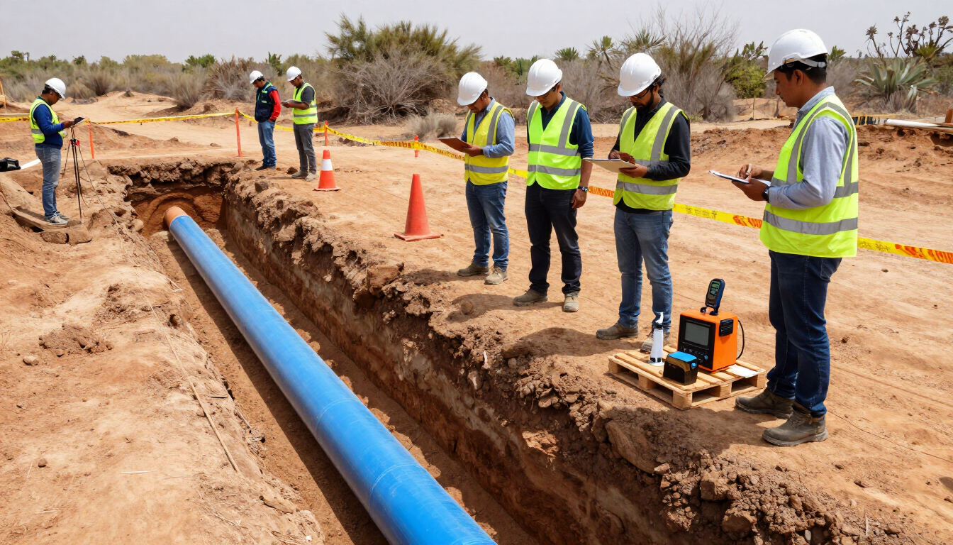 Los trabajadores inspeccionan una zanja azul para una tubería en una obra de construcción utilizando conos y equipos.