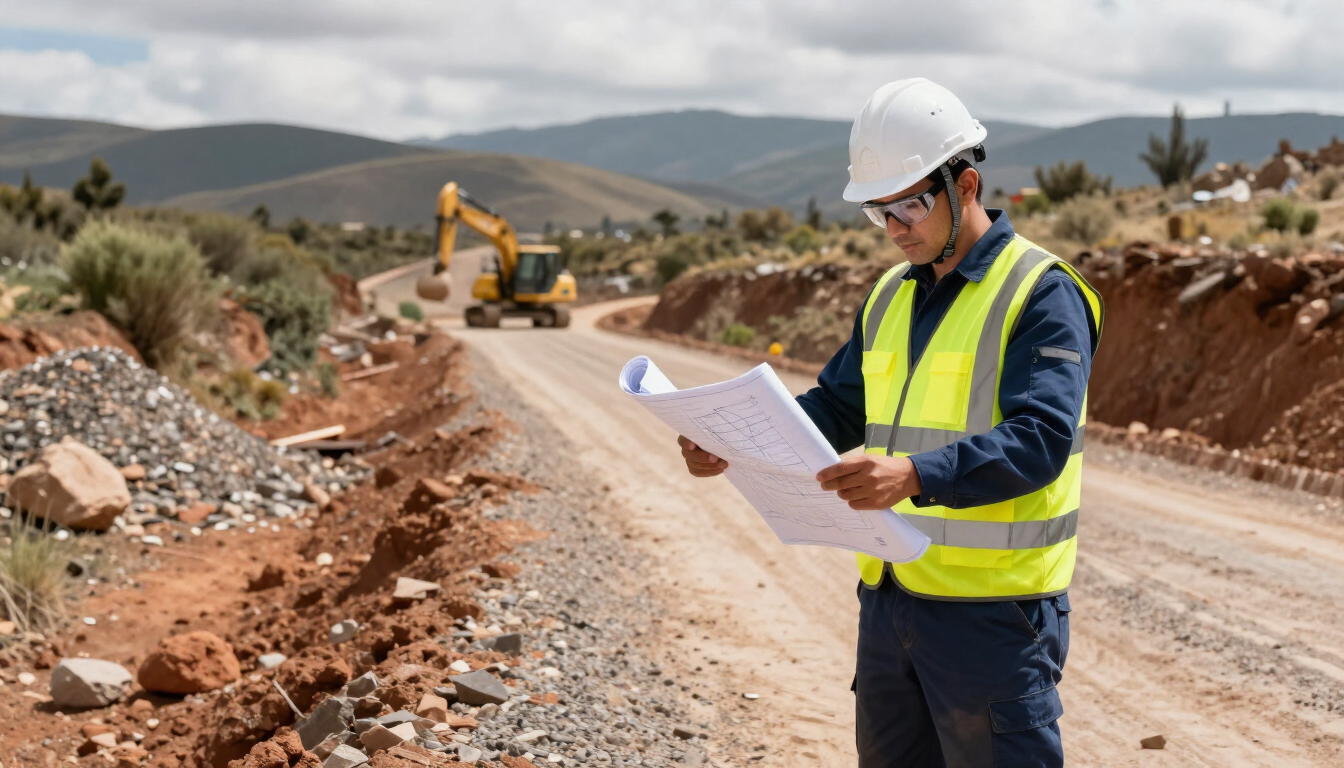 Obrero de la construcción con casco y chaleco de seguridad revisando planos en un camino de tierra junto a maquinaria pesada.