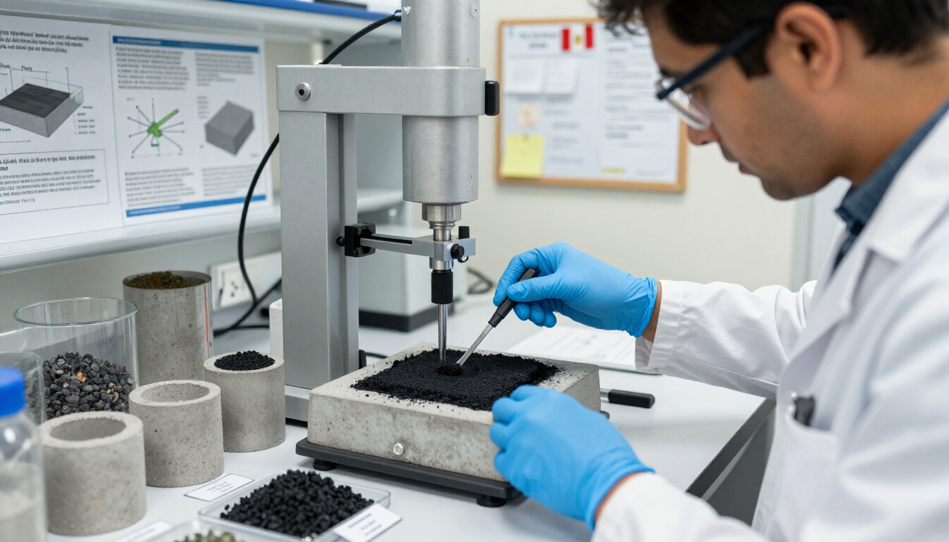 Un científico con guantes azules utiliza un instrumento de laboratorio para analizar una muestra de material negro en un laboratorio.